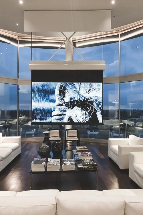 media room with pull down projector screen