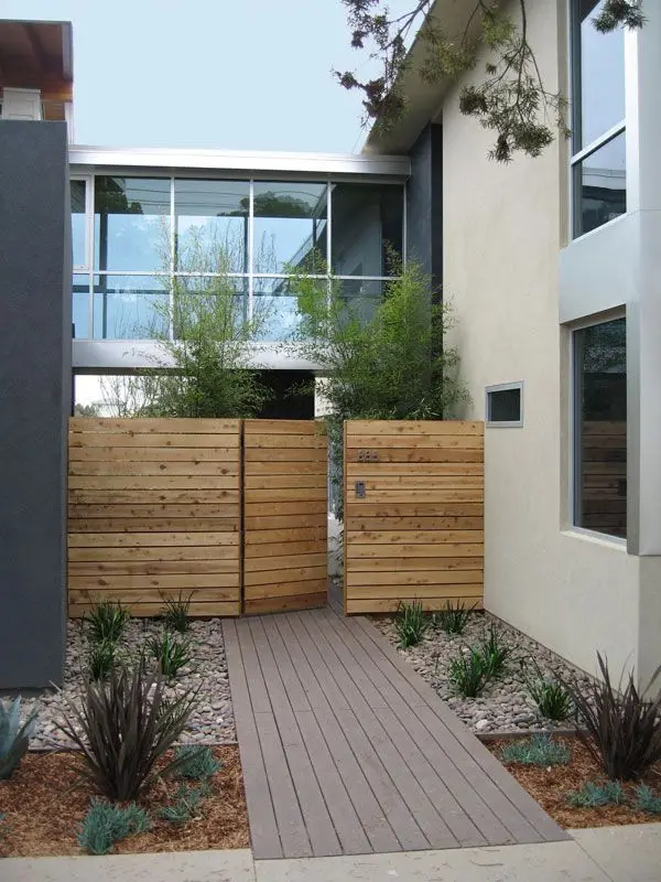 modern wood front fence and gate