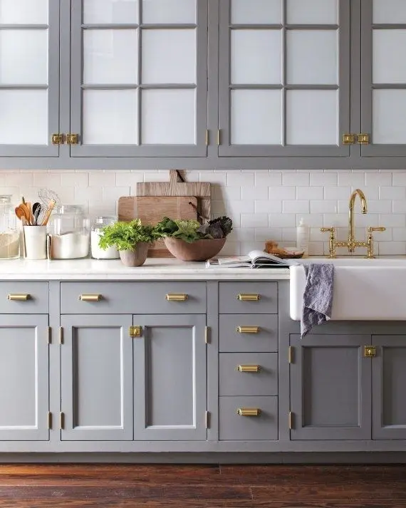elegant grey and gold kitchen cabinets