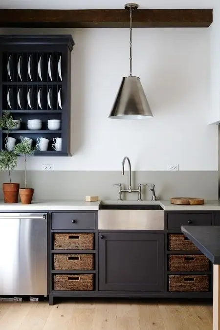 cottage style kitchen with basket storage