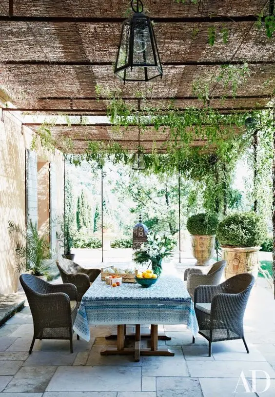 patio pergola with thatched roofing