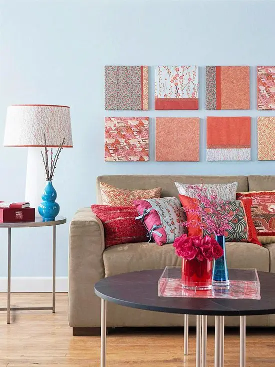 preppy coral and blue living room