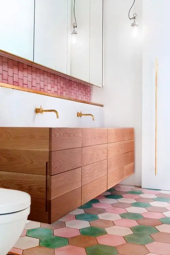 colourful bathroom with hexagonal tiles