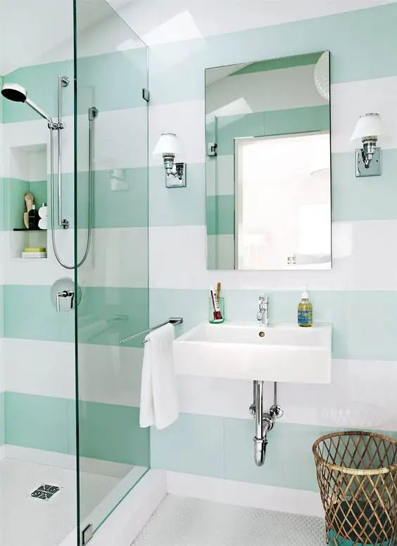 white and green stripe bathroom walls