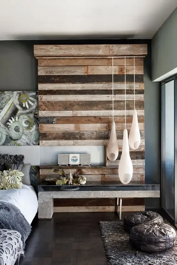 rustic bedroom with textured wood wall feature