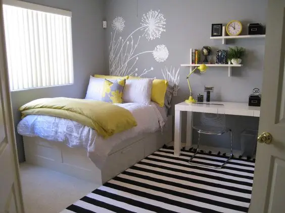 grey and yellow bedroom