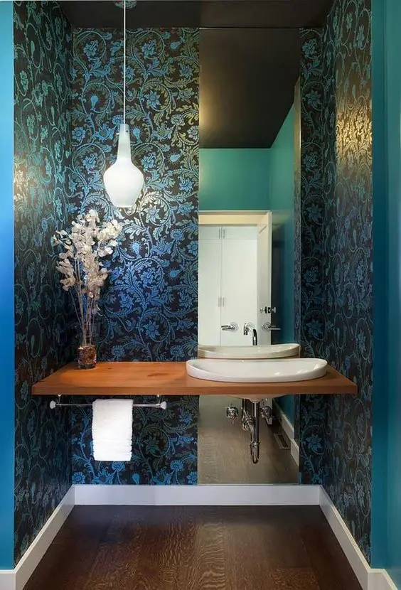 blue ornate powder room