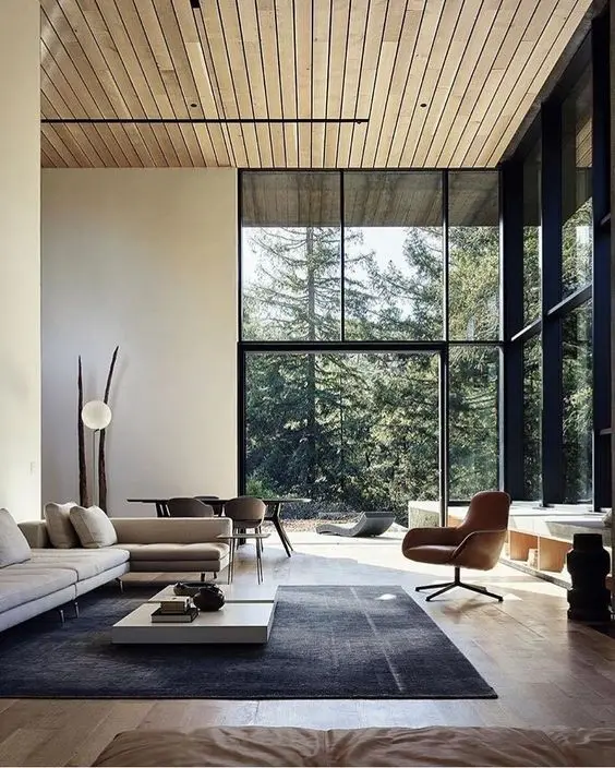 living room with glass wall