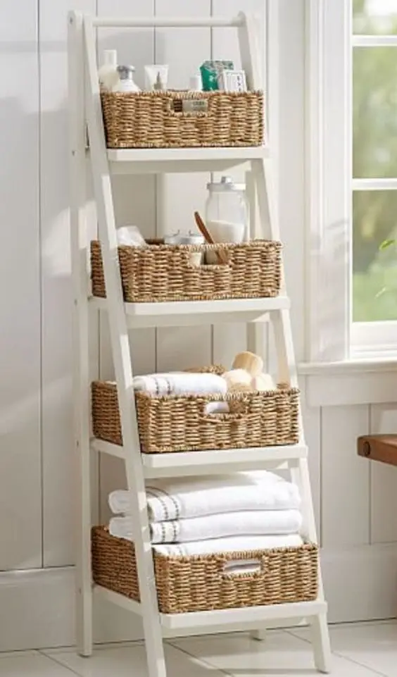 ladder and basket bathroom storage