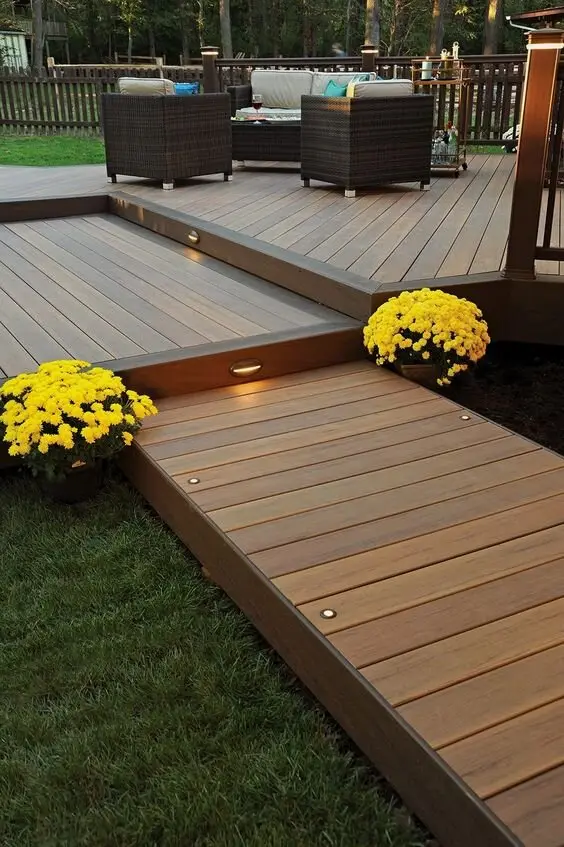 deck with outdoor lights