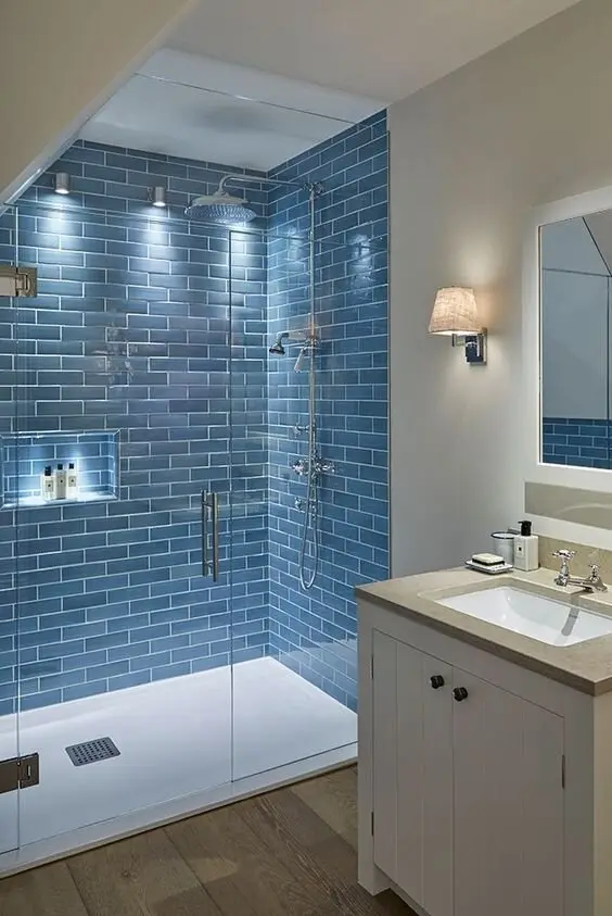 blue bathroom subway tiles