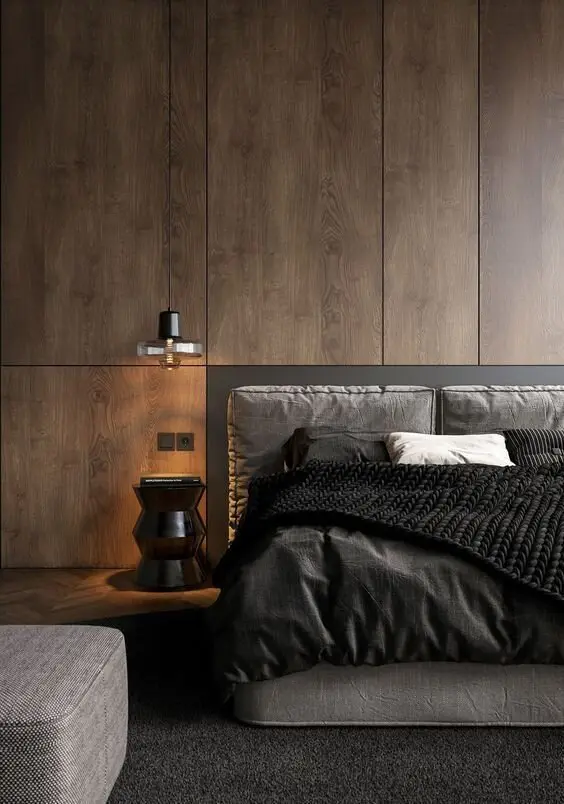 wood panelled bedroom