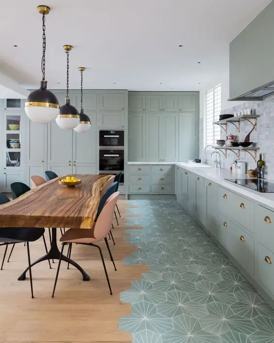wood and tile kitchen floor