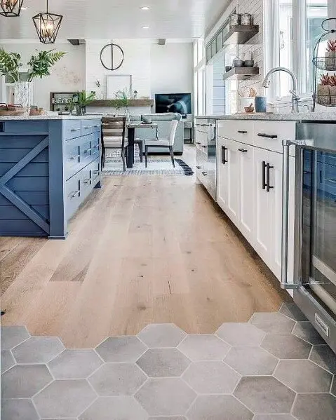 wood transition kitchen floor